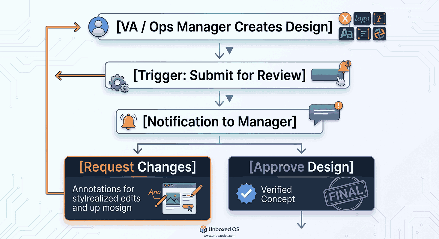 Infographic mapping out traditional Canva workflows for approval routing, showing the design submission, manager notification, and the choice between requesting changes or final design sign-off.